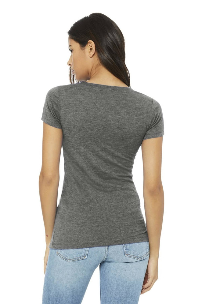 A grey women's triblend short sleeve tee, featuring a fitted design and a logo on the back.