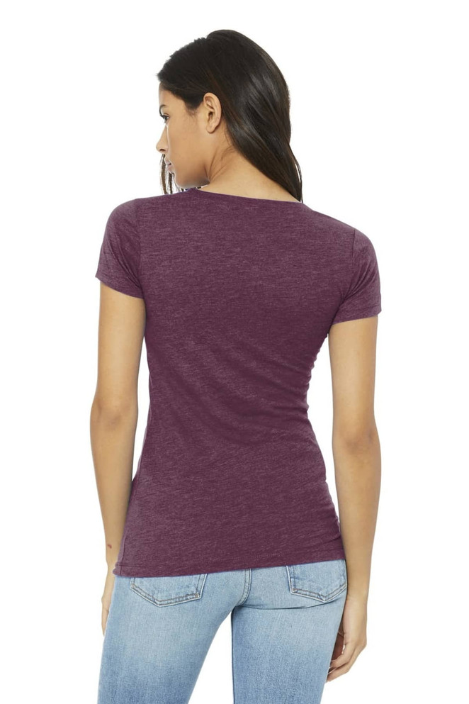 A purple women's triblend short sleeve tee displayed on a model, showing the back view. The tee fits snugly.
