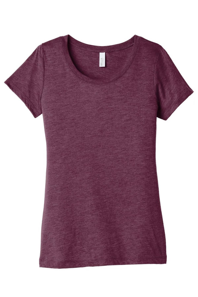 A women's triblend short sleeve tee in a deep burgundy colour. It features a round neck and a logo.