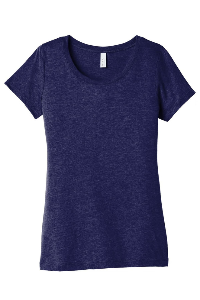 A women's navy blue triblend short sleeve tee with a scoop neckline, featuring a label inside.