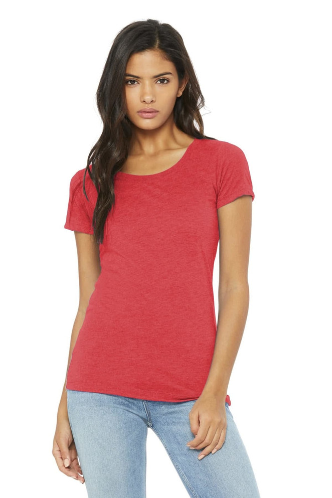A red women's triblend short sleeve tee with a fitted style, featuring a logo on the side.