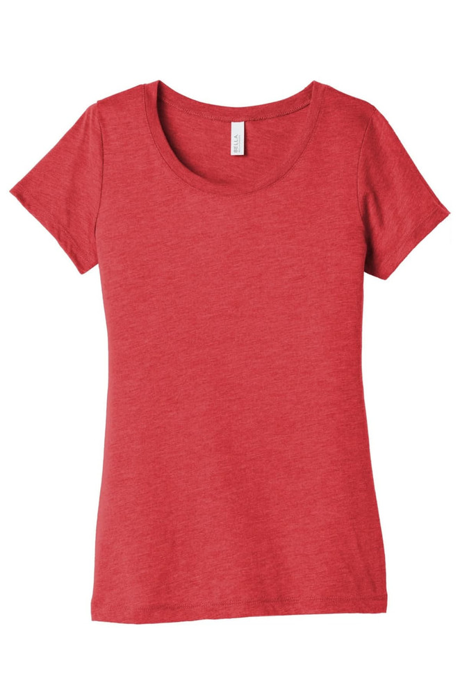 A red women's triblend short sleeve tee featuring a scoop neckline and a simple silhouette. It has a branding label.