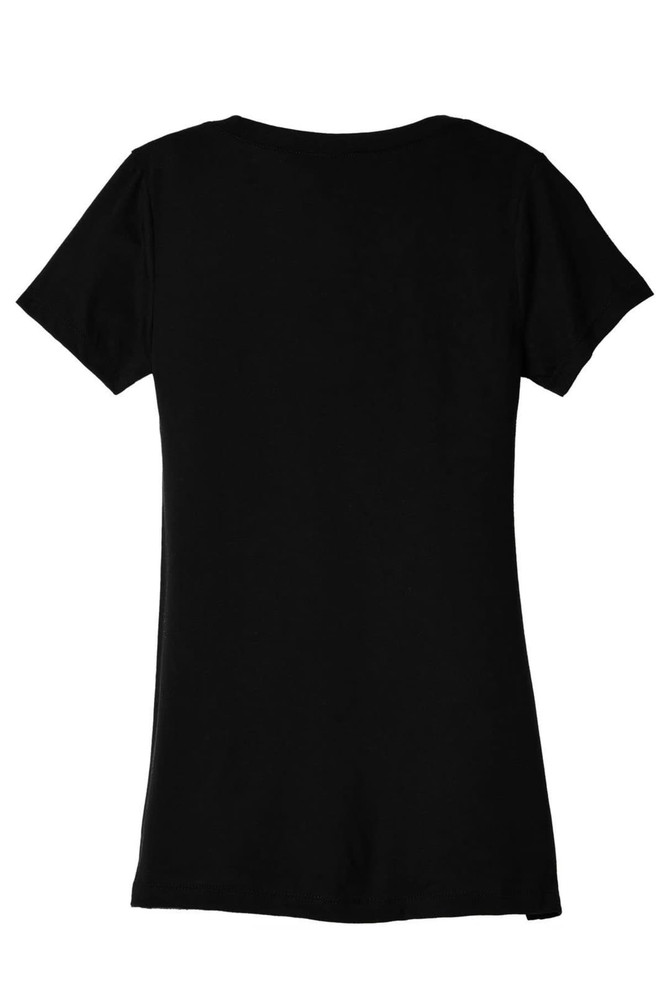 A black women's short sleeve tee featuring a sleek, simple design and a logo on the back.