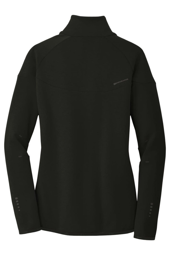 A black jacket with a high collar and long sleeves, featuring a logo on the back.