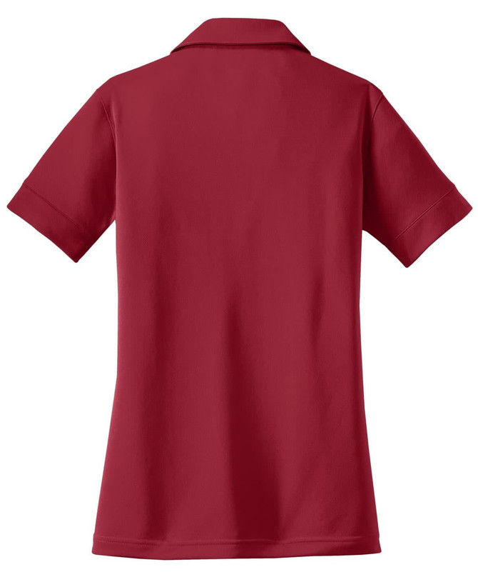 A maroon polo shirt with a collar and short sleeves, featuring branding on the back.