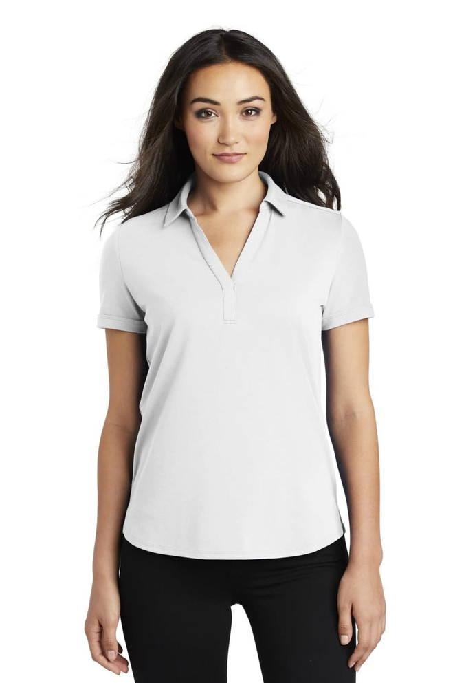 A light grey polo shirt for women with a collar and short sleeves, featuring a logo.