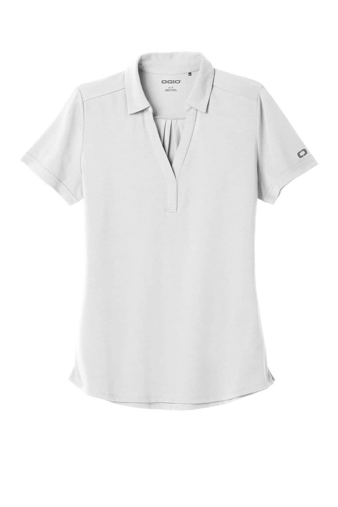 A light grey ladies' polo shirt with a pleated neck detail and a logo on the sleeve.