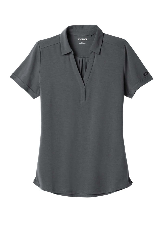 A dark grey polo shirt with a collar and a placket, featuring a logo on the sleeve.
