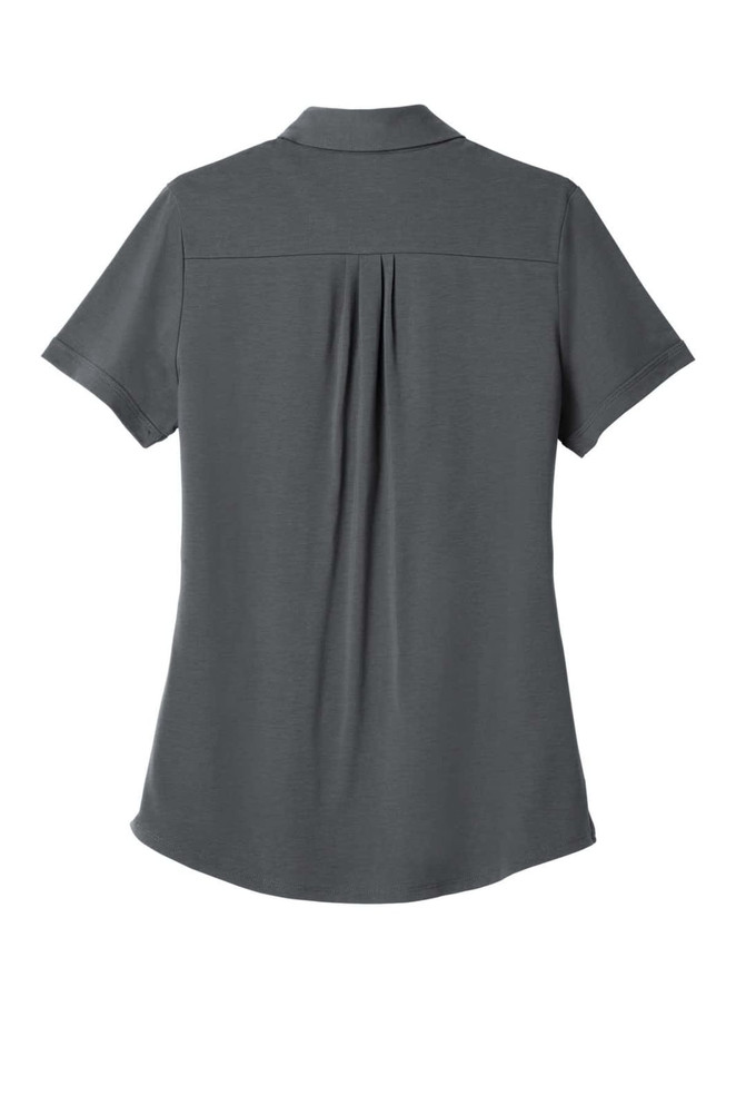A grey women's polo shirt with short sleeves and a back pleat. It features a subtle logo on the design.