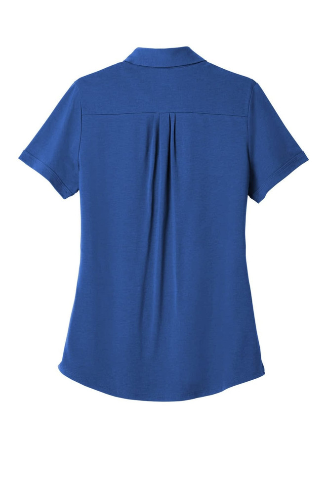 A blue women's polo shirt featuring a short sleeve design and a pleat detail on the back. It has a logo.