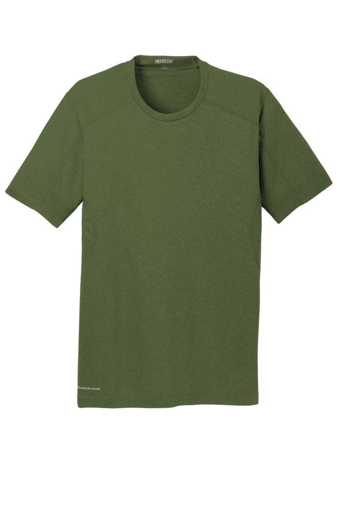 An olive green short-sleeve crew t-shirt with a subtle logo.