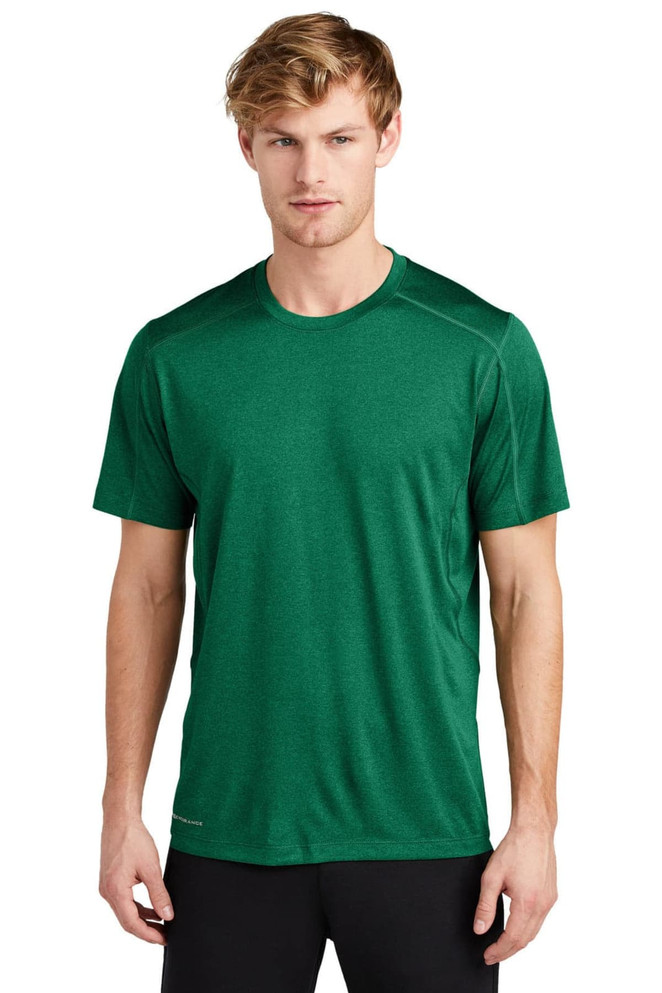 A green t-shirt with a sleek design, featuring short sleeves and a logo on the side.