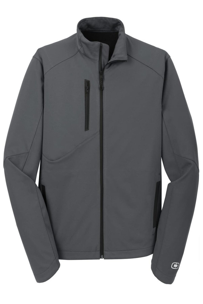 A grey OGIO ENDURANCE Crux Soft Shell jacket featuring zippered pockets and a logo on the sleeve.