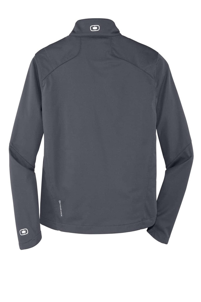 A soft shell jacket in dark grey with a logo. Features a high collar and fitted design.