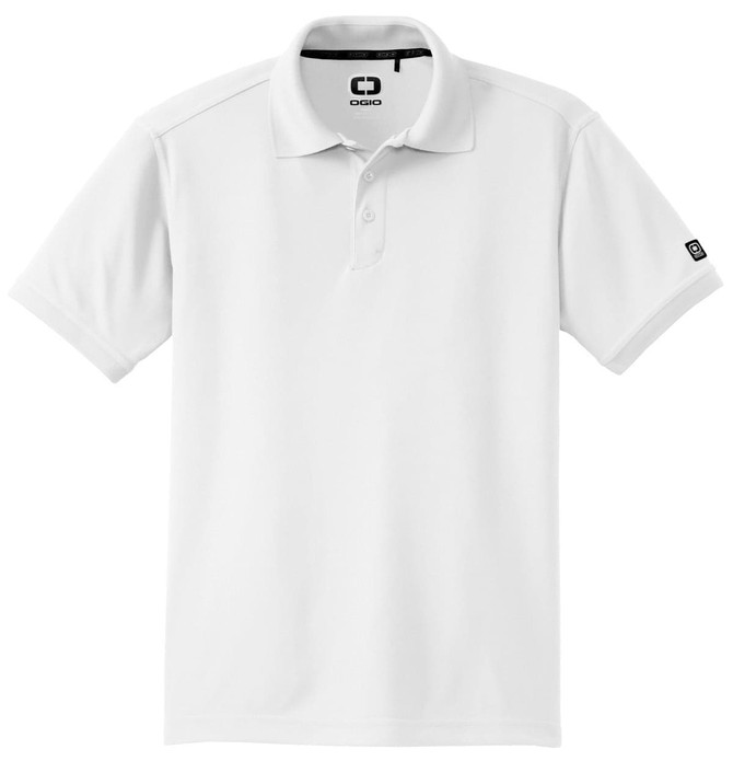 A white polo shirt with a collar and short sleeves, featuring a logo on the chest and sleeve.