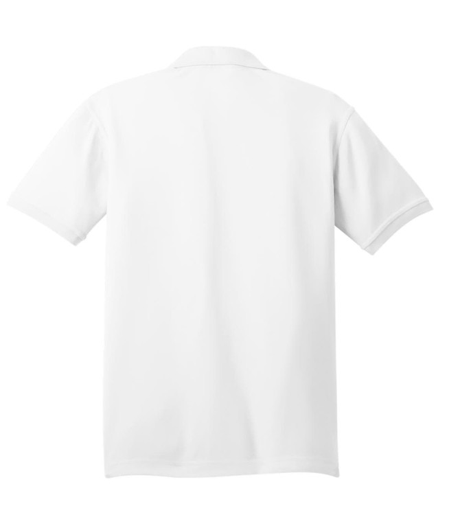 A white polo shirt featuring a collar and short sleeves, displaying a branding logo on the back.