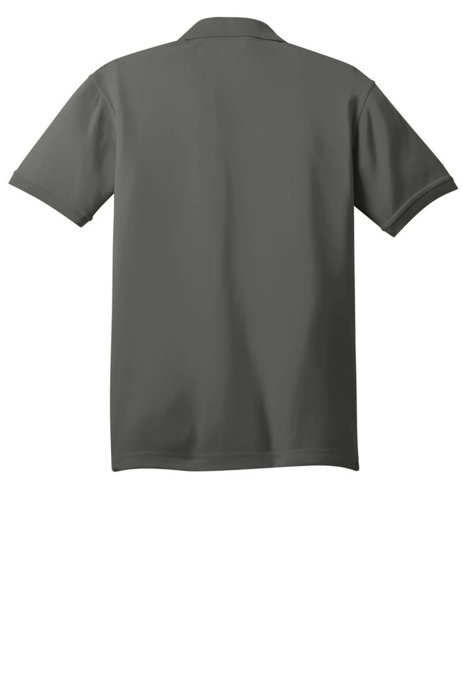 A grey polo shirt featuring a classic design and a collar, with a logo on the back.