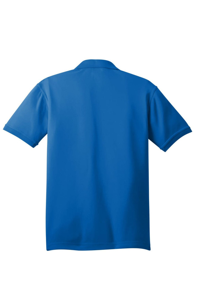 A blue polo shirt with a collar and short sleeves, featuring a logo on the back.
