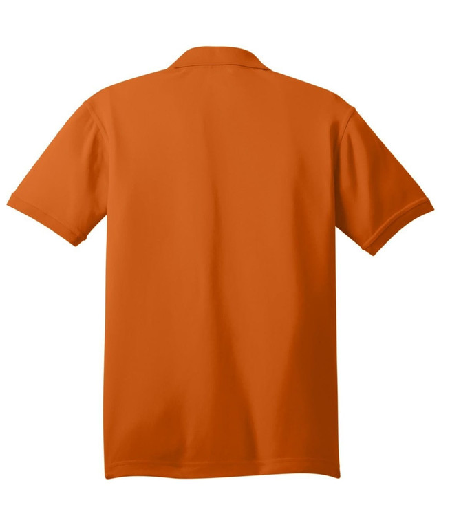 An orange polo shirt with a short-sleeved design and a collar, featuring a logo on the back.