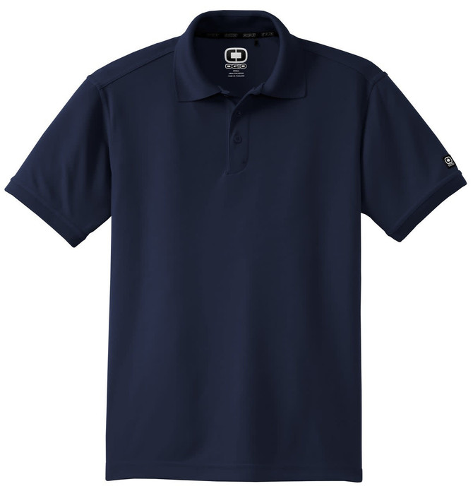 A navy blue polo shirt featuring a collar and short sleeves, with a logo on the front.