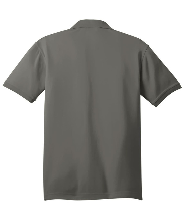 A grey OGIO Caliber 2.0 polo shirt featuring short sleeves and a classic collar, with a logo on the front.