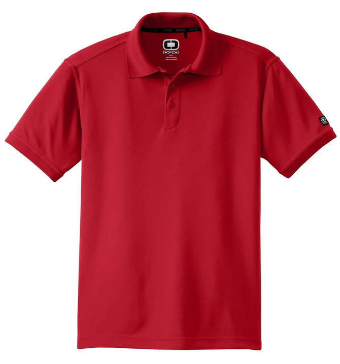 A red polo shirt featuring short sleeves and a collar, with a logo on the sleeve.