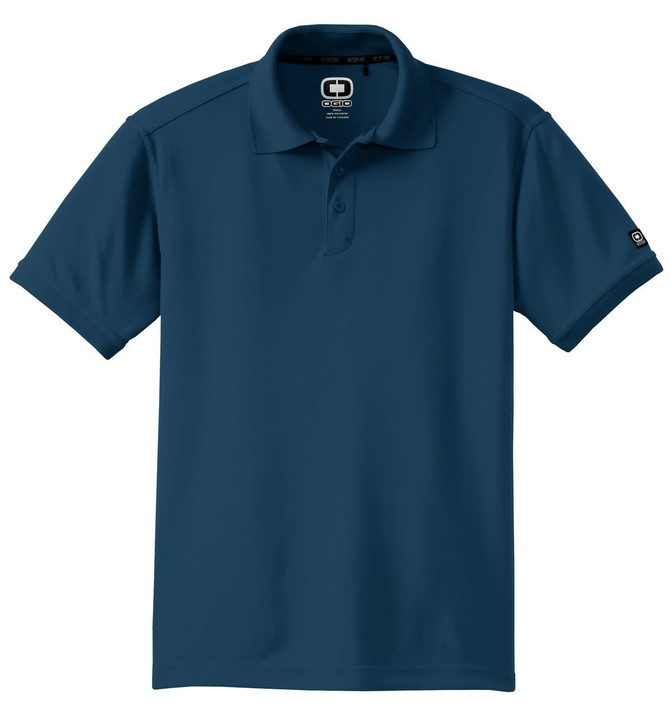 A navy OGIO Caliber 2.0 polo shirt featuring a collar and short sleeves, with a logo on the sleeve.