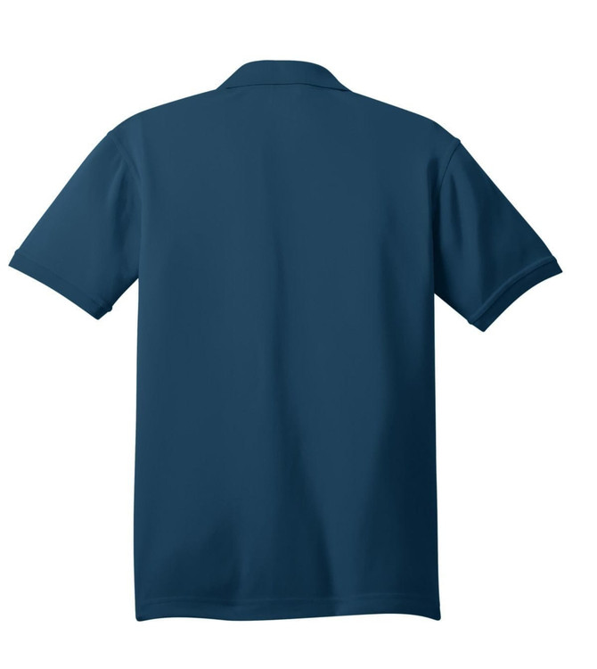 A navy blue polo shirt with a collar and short sleeves, featuring a logo on the back.