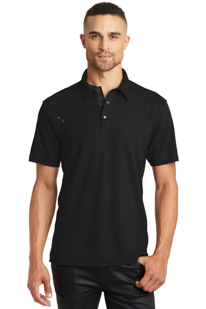 A black polo shirt with a classic collar and short sleeves, featuring a logo on the front.