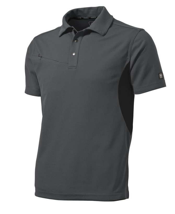 A short-sleeved, charcoal grey polo shirt featuring a collar and a logo on the sleeve.