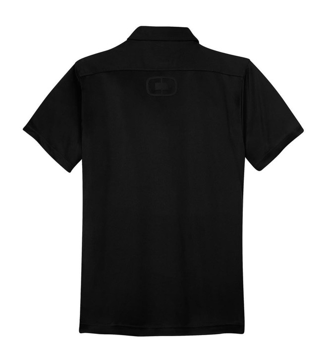 A black polo shirt with a collar, featuring a logo on the back. Short sleeves and a simple design.