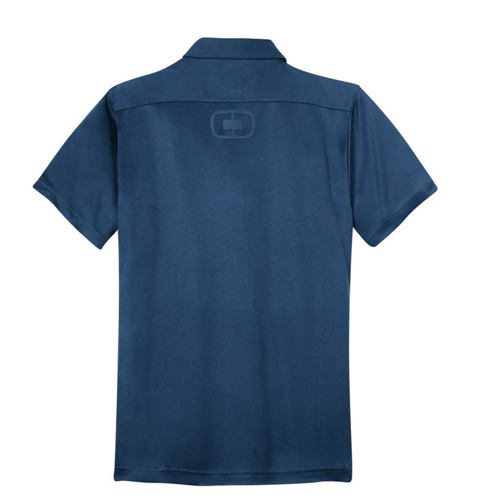 A navy blue polo shirt with a logo on the back. The shirt has a classic collar and short sleeves.