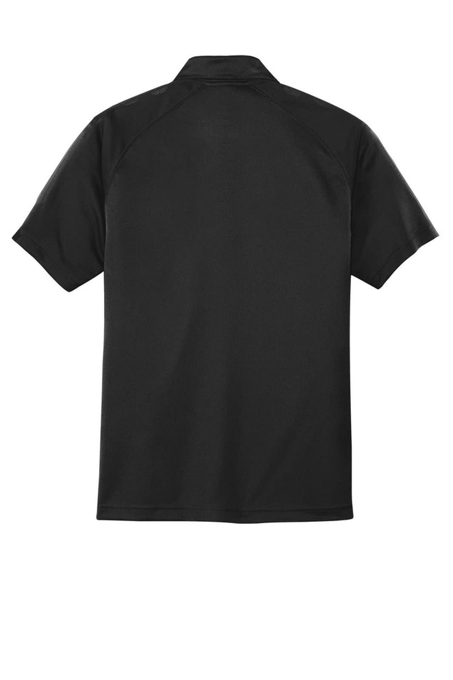 A black polo shirt featuring a collar and short sleeves, with a branding logo on the back.
