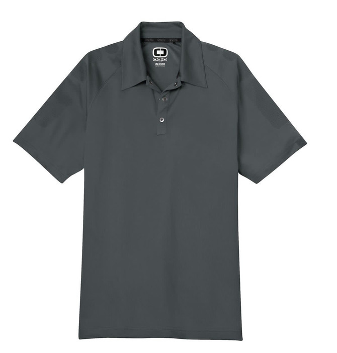 A grey polo shirt with a three-button placket and a branding logo at the collar.