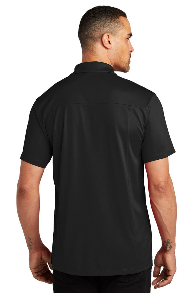 A black OGIO Framework Polo shirt displayed from the back, featuring a logo on the upper section.