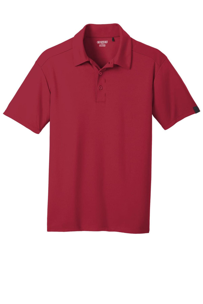 A red polo shirt with a collar and button placket, featuring a small logo on one sleeve.