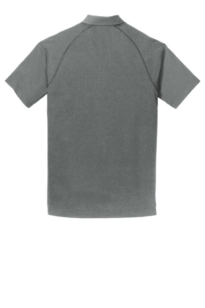 A grey polo shirt with a collar and short sleeves, featuring a logo on the back.