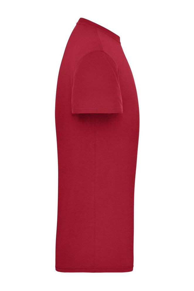 A red men's BIO workwear t-shirt with a slim profile and short sleeves, featuring a logo.