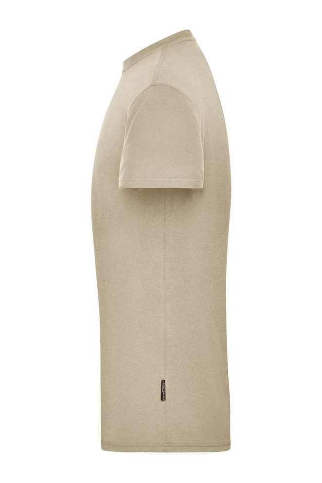 A beige men's workwear T-shirt with short sleeves, featuring a small logo on the hem.