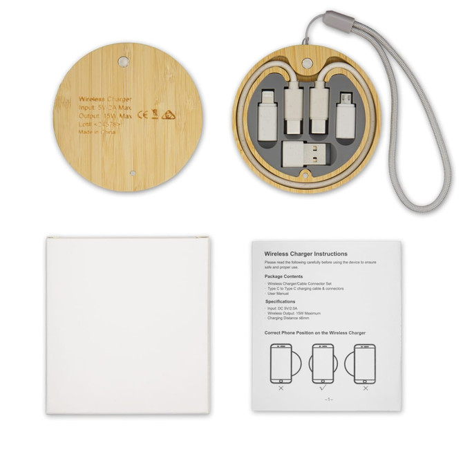 A circular wireless charger set in bamboo, featuring multiple charging cables and a storage compartment, with a user guide.
