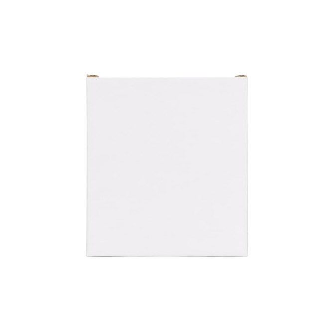 A white box with a smooth surface and gold accents on the corners, featuring a logo.