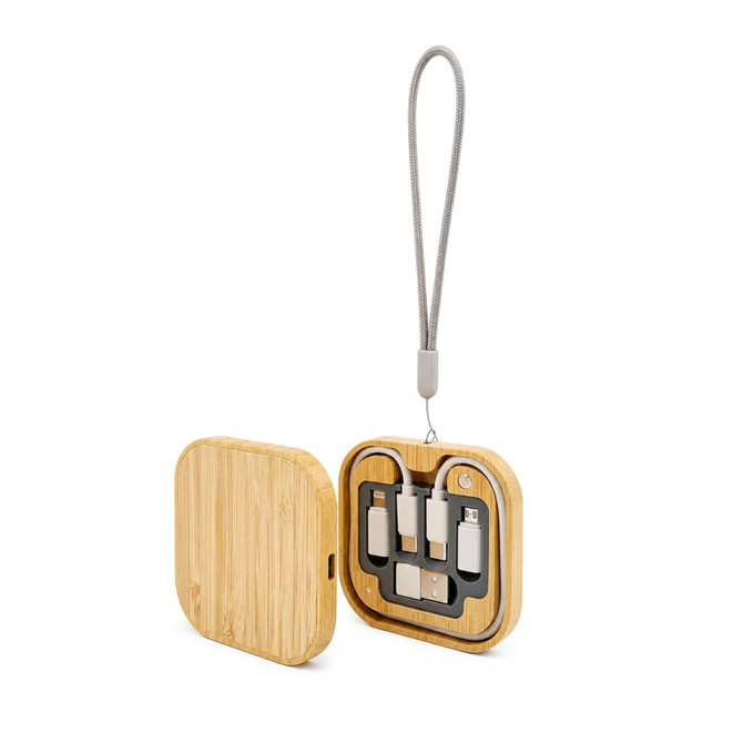 A wooden square wireless charger set in a bamboo finish, featuring compartments for charging cables and a hanging loop.