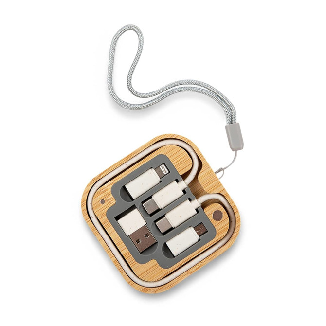 A wireless charger set in a square, featuring wooden design with multiple charging cables and a grey strap.