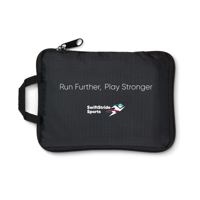 A black pouch with a handle, featuring a logo and text promoting athletic performance.