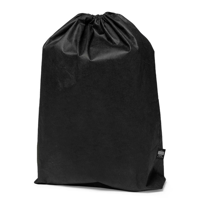 A black drawstring bag with a simple design, featuring a logo on one side.