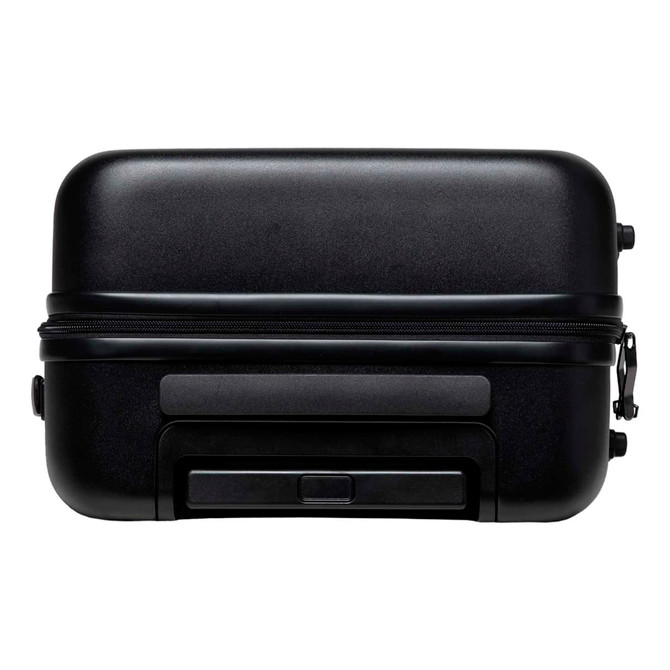 A black hardcase trolley with a zipper, featuring wheels and a retractable handle. It has a simple design and a logo.