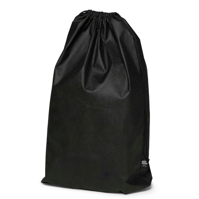 A black drawstring backpack with a smooth texture and a logo at the bottom corner.