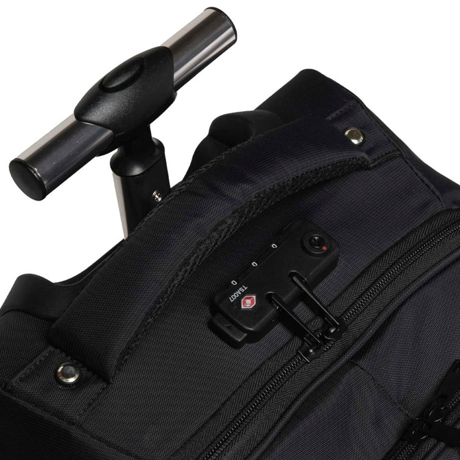 A black trolley backpack featuring a retractable handle and a zippered pocket with a logo.