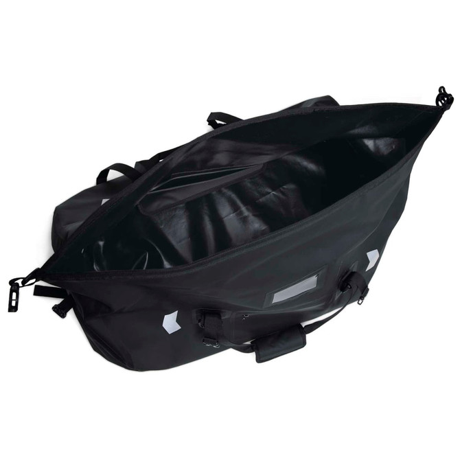 A black duffle bag with multiple straps and a large, open interior. It features a logo on the side.