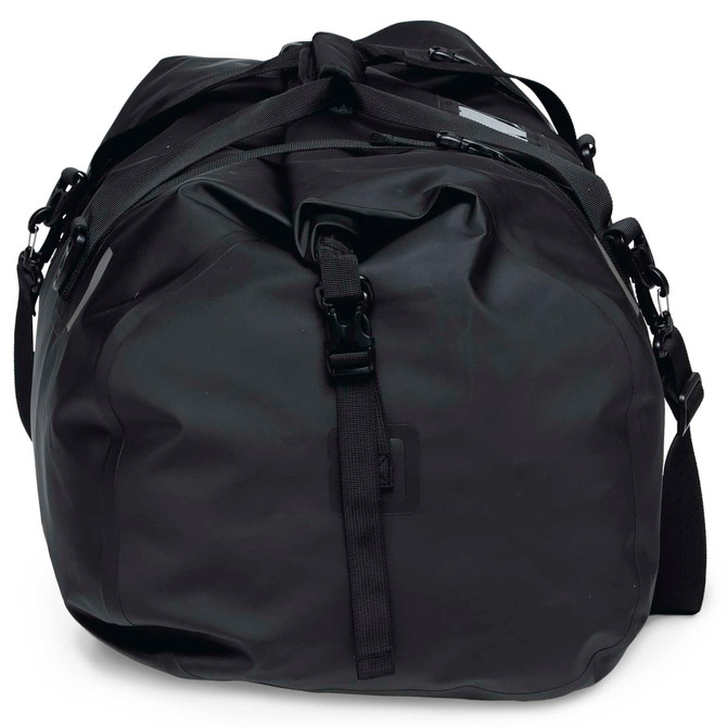 A black waterproof duffle bag featuring a roll-top design and adjustable shoulder strap, with a logo visible.